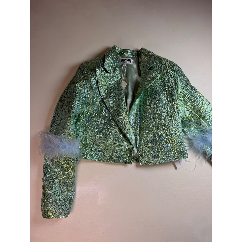 Amy Lynn Cropped Blazer Women Large Metallic Green Excellent Faux Feather Trim